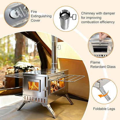 unho Outdoor Wood Burning Stove for Camping, Stainless Steel Chimney Pipe, Outdoor Heating & Cooking Hot Tent Stove