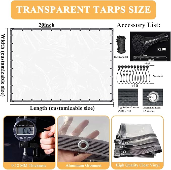 15x16 FT Clear Vinyl Patio Enclosure Panels - Heavy Duty Waterproof Clear Tarps with Reinforced Edges & Grommets for Temporary Winter Porch Enclosure & Deck Enclosure