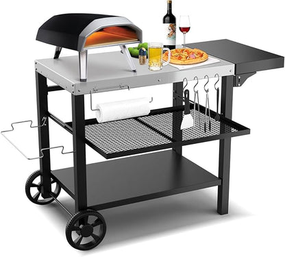 Outdoor Kitchen Island, Grill Table Cart with Drawer, Pizza Oven Stand, Movable 3-Shelf Prep Table with Side Table for Ninja Woodfire, Ooni Pizza Oven, Blackstone Griddle, Cuisinart, Barbecue tool set