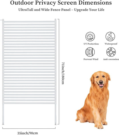 Outdoor Privacy Screen with Stand, Rustproof Metal Fence Panel, 35.43’’ x 71’’ PE-Coated Steel Slats, Decorative Privacy Fence for Patio, Garden, Backyard, Trash Can, White(1 Panel)
