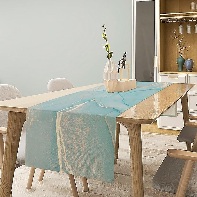 Turquoise Aqua Marble Table Runner, Modern Teal Watercolor Print Table Runner for Coffee Dining Party Wedding Kitchen 13x120in