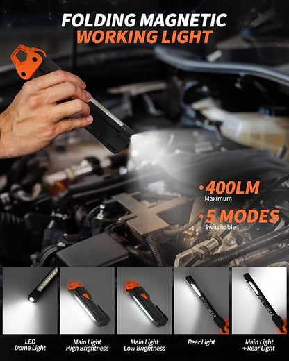 Led Work Light,400LM Foldable Mechanic Light, Rechargeable Flashlight with 5 Modes, 230° Rotate and Hook Magnetic Light for Car Repair, Camping, Grill（2 Pack Upgrade）
