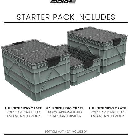 SIDIO CRATE Starter Pack - Two Full Size and One Half Size Heavy Duty Stackable Storage Bins, Totes with Lids and Dividers - Durable Organizer for Home, Office, Garage, and Outdoor Use - Aircraft