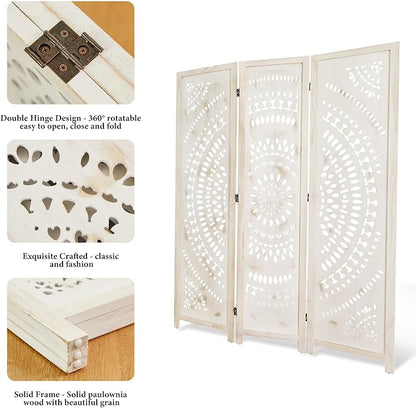 Room Divider Wood Carved Wall Divider Indoor Folding Bohemian Style Portable Partition Screen for Home Office Garden Terrace - 3 Panels (Antique, White-Washed)