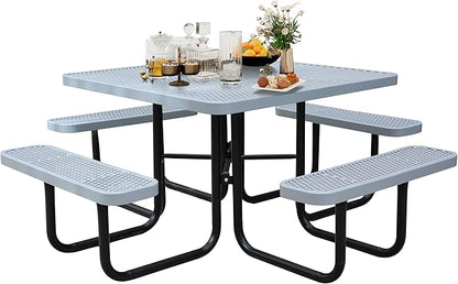 46'' Square Metal Picnic Table for Outdoors, Commercial Steel Metal Picnic Tables, Heavy Duty Sturdy Picnic Tables Furniture Set for Patio Garden Courtyard BBQ, with Umbrella Hole, Grey