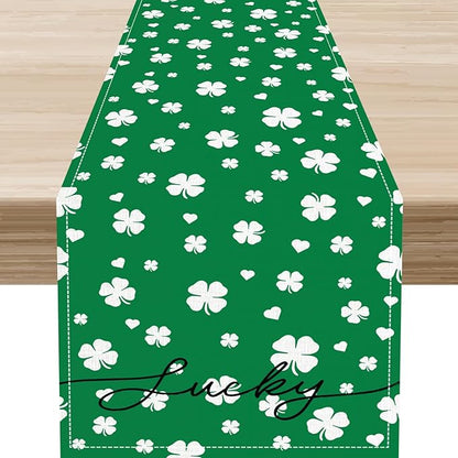 Clover Table Runner,Retro Rustic Green White Clover Seasonal Spring St.Patrick's Day Table Center Decor for Home Kitchen Dining Patio Holiday Party Indoor Table Decorations, 13"x90"