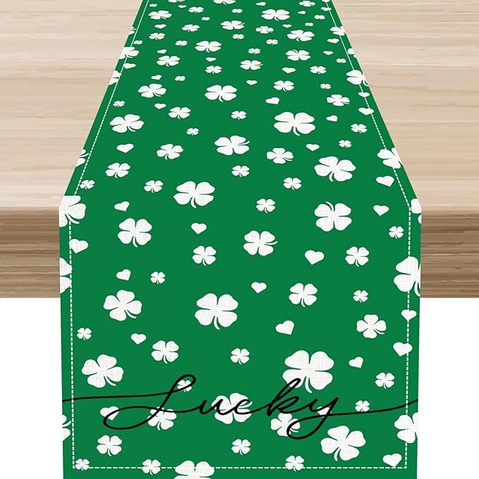 Clover Table Runner,Retro Rustic Green White Clover Seasonal Spring St.Patrick's Day Table Center Decor for Home Kitchen Dining Patio Holiday Party Indoor Table Decorations, 13"x36"