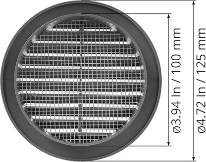 Graphite/Gray 4" Inch Round Ventilation Grille with Insect mesh. (Duct 4Ø / Grille 5Ø) Ventilation Applications. Indoor and Outdoor Vent Cover. Available 3 Sizes / 4 Colors.