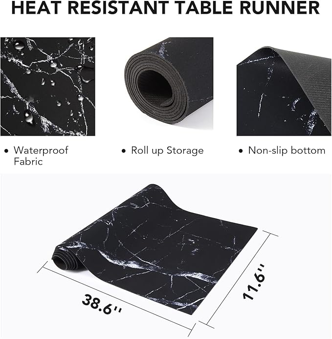 Trivet Table Runner Hot Plates Mat 12 X 40 Inch Heat Resistant Table Protector Waterproof Decorative Farmhouse Kitchen Trivets Counter Heat Proof Placemats for Hot Dishes (Black Marble)