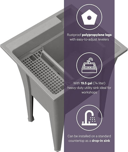 Freestanding Utility Sink with Two Handle Chrome Faucet - 24" Plastic Utility Sink for Garage, Laundry, Indoor and Oudoor Use - Laundry Tub Kit by Noah William Home - Grey (19.5 gal)