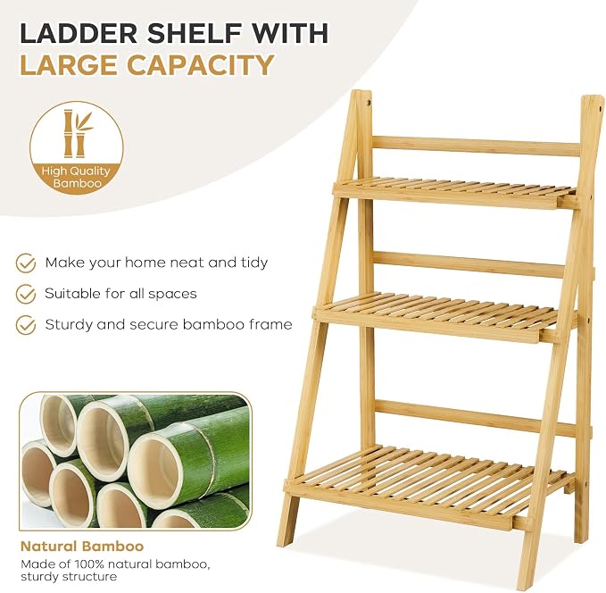 Foldable Ladder Shelf 39.4", Plant Shelf 3 Tier, Bamboo Ladder Flower Pot - Image 5