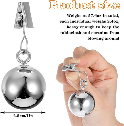 12 Pcs Heavy Duty Tablecloth Weights Spherical Stainless Steel Balls with Clips for Outdoor Tables, Curtains, Flags