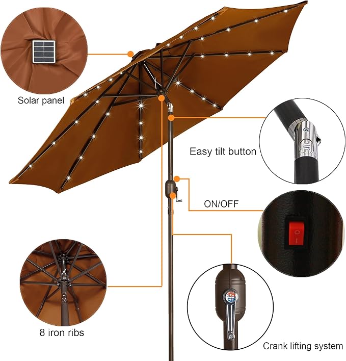 9 ft Solar Umbrella 32 LED Lighted Patio Umbrella Table Market Umbrella - Image 2