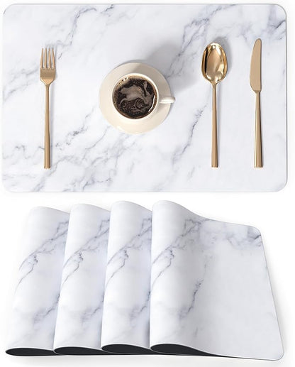 QIYI Placemats Set of 4, 12x18 Inch Faux Leather Place Mats for Kitchen Dinning, Heat Resistant Anti Slip Table Mats, Waterproof Wipeable Washable Placemat Party Table Décor, White Marble