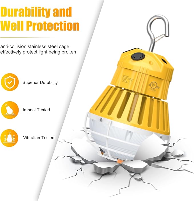 LED Temporary Work Light 60W, 7800LM 5000K Portable Hanging Construction Light with 10ft Cable Plug and Sturdy Hooks Linkable LED Work Light for Job Site Lighting, Workshop, Garage ETL Listed