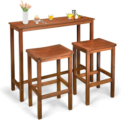 VINGLI 3-Piece Fir Wood Outdoor Bar Table and Chairs Set, Outdoor Bar Height Table with 2 Bar Stools Patio Bistro Set for Garden Balcony Backyard (Brown)