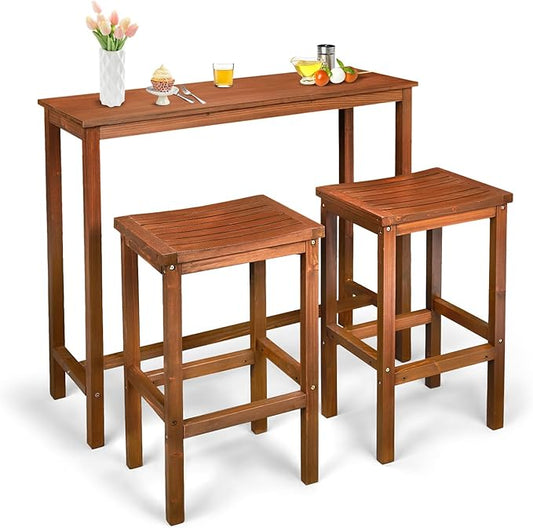 VINGLI 3-Piece Fir Wood Outdoor Bar Table and Chairs Set, Outdoor Bar Height Table with 2 Bar Stools Patio Bistro Set for Garden Balcony Backyard (Brown)