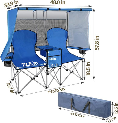 BESTHLS Double Camping Chair with Canopy Shade - Heavy Duty 600D Outdoor Loveseat for Adults, 2-Person Beach Chair with Umbrella, Folding Camp Loveseat for Fishing, Sports, Patio (Blue)