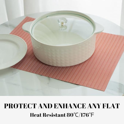 Placemats Set of 12 Vinyl/Plastic Woven Place Mats for Kitchen Table Indoor/Outdoor Washable Placemat Wipeable Dining Table Mats (Red Stripes,12)