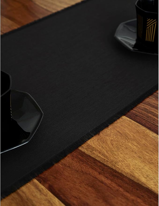 Solino Home Linen Black Table Runner 108 Inches Long - Fringe, 100% Pure Linen 14 x 108 Inch Table Runner for Spring