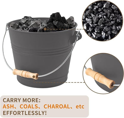 Poofzy Ash Bucket with Lid and Shovel, 1.3 Gallon Fireplace Bucket for Ashes, Includes Hand Broom and Gloves for Fire Pit, Wood Burning Stove and Grill (Gray)