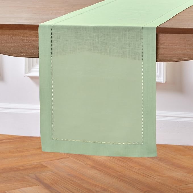 Solino Home Linen Table Runner 120 Inches Long - 100% Pure Linen Light Green Table Runner 14 x 120 Inch for Spring, St Patricks Day, Easter - Classic Hemstitch