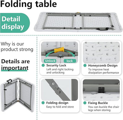 FDW Folding Half Portable Foldable Table for Parties Backyard Events (White, 6 FT 70 * 29) (White, 4 FT)