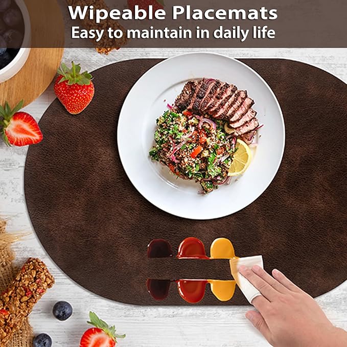 ADRIMER Placemats, Heat Resistant Oval Placemats Set of 6 Washable 12 x 17 Inch, Waterproof Table Mats, Wipeable Pu Place Mats for Kitchen, Dining Room, Coffee