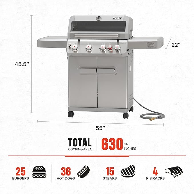Monument Grills 4+1 Burner Natural Gas Grill with Hose, 50,000 BTU Stainless Steel Outdoor Patio Barbecue Grill with Cover, Fast Heating, Knob Control, and Easy Cleanup, M415BZNG