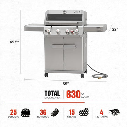 Monument Grills 4+1 Burner Natural Gas Grill with Hose, 50,000 BTU Stainless Steel Outdoor Patio Barbecue Grill with Cover, Fast Heating, Knob Control, and Easy Cleanup, M415BZNG