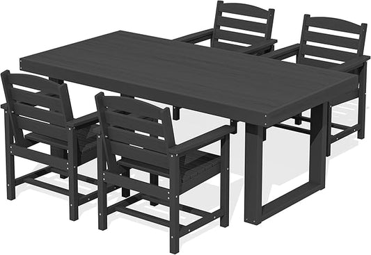 SERWALL HDPE Outdoor Dining Set for 4, 67'' All Weather Patio Dining Table and Chairs Set for Deck, Lawn, Black