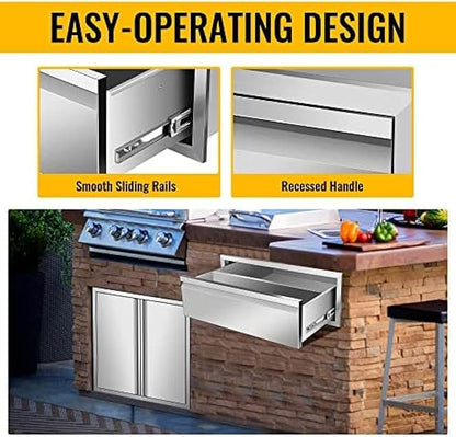 Outdoor Kitchen Drawers, Box Frame Style Flush Mount BBQ Drawer w/Stainless Steel Handle, BBQ Island Drawers For Patio Grill Station,Single Drawer