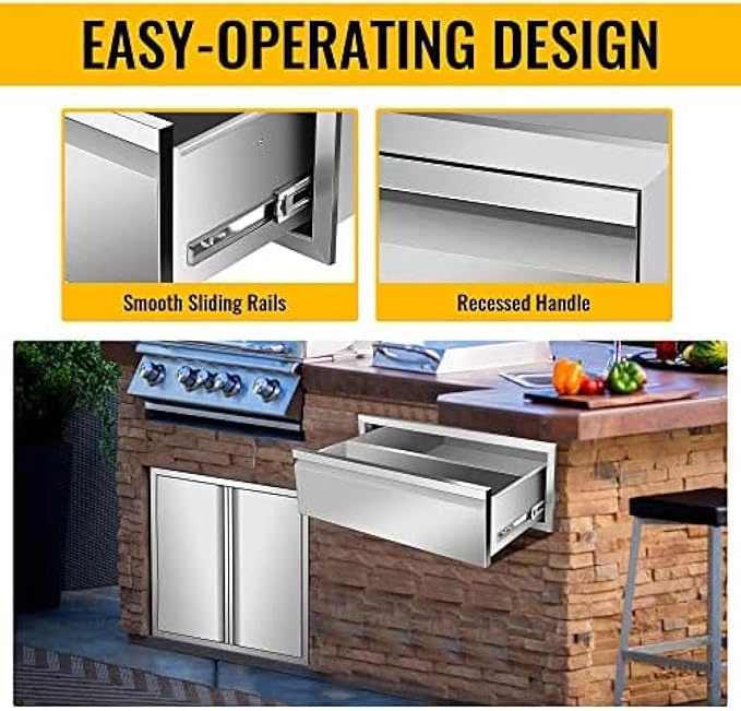 Pull Out Trash Drawer, Lower Sliding Rails Stainless Steel Roll Out Trash Bin Pull Out Tray With Handle For Outdoor Kitchen BBQ Island Grill Station,Single Drawer