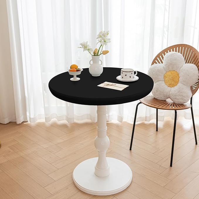 Round Fitted PU Tablecloth with High Elastic Edge 35 Inch Dia Waterproof Oil Proof Table Cloth Anti-Scald Stain-Resistant Wipeable Table Cover for Indoor Outdoor Picnic (Black,35" Dia)