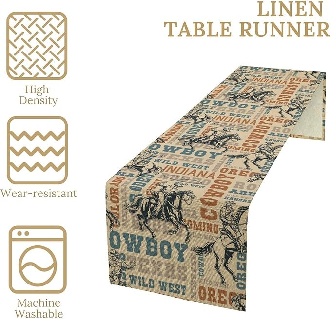 Western Cowboy Table Runner, Vintage Country American West Cowboy Riding Horse Table Runner for Home Kitchen Dining Party Farmhouse Cafe Outdoor 13x36in