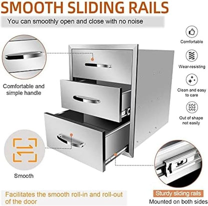 Stainless Steel Outdoor Kitchen Drawers - 3-Drawer BBQ Drawer, Built-in, Flush Mount for Outdoor Kitchens & BBQ Islands, 18Wx23Dx23H-3L