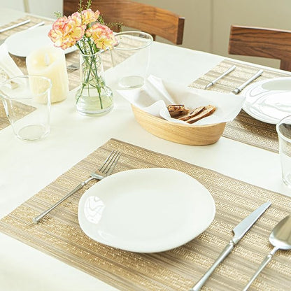 Placemats Set of 12 Vinyl/Plastic Woven Place Mats for Kitchen Table Indoor/Outdoor Washable Placemat Wipeable Dining Table Mats (Aurora Gold,12)