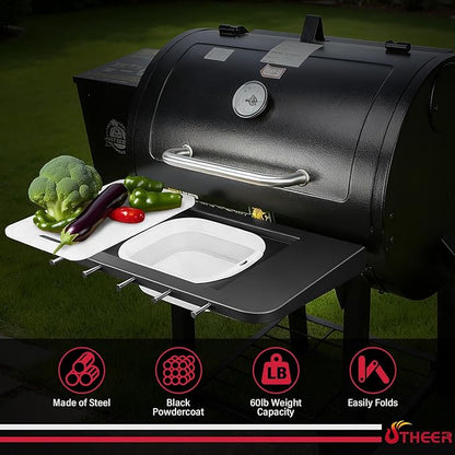 Front Folding Grill Shelf for Pit Boss 700DX, 700FB, 700FB2 & 800FB2, 23.6" × 12.2" Prep Station with Foldable Basin 4-Layer Steel Build, Cutting Board & 5 Hooks,Cover-Friendly Design (Not for 700FB1)