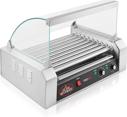 Olde Midway Electric 24 Hot Dog 9 Roller Grill Cooker Machine with Cover 1200-Watt - Commercial Grade
