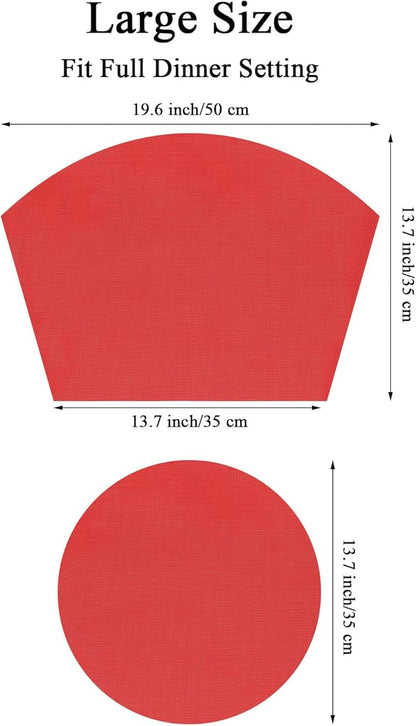 SHACOS Large Size Wedge Shape Placemats with Centerpiece Round Mat Set of 5 Round Table Place Mats Washable Dining Table Placemats Reversible, Red