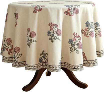 ISAENNE Designer Linen Light Beige Round Tablecloth,French Colorful Floral Table Cloth,Fall Stain Resistant Decor Tablecloths for Dining Thanksgiving Christmas Kitchen,Diameter 67"-Helena E