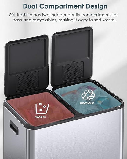 Arlopu 16Gal Dual Trash Can w/2 Built-in Box for Odor Control, Hands-Free Kitchen Garbage Bin, Recycle Waste Dustbin, Soft-Close Lid, 2 Buckets,Foot Pedal, Side Handle, Airtight,for Home (Silver)