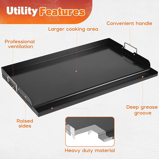 Skyflame Nonstick Griddle Top for Gas Grill, 25"x16" Large Cooking Area Flat Top Griddle with Grease Groove and High Sidewalls, Fit for Camping, Tailgating, Parties