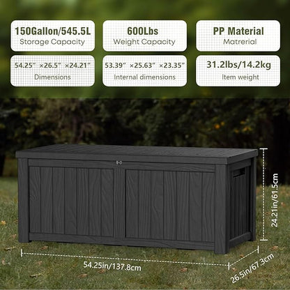 150 Gallon Resin Deck Box, Waterproof Outdoor Storage Box for Patio Furniture, Garden Tools, and Pool Accessories, Lockable UV-Resistant Storage Bin Bench Cabinet for Outside, Black