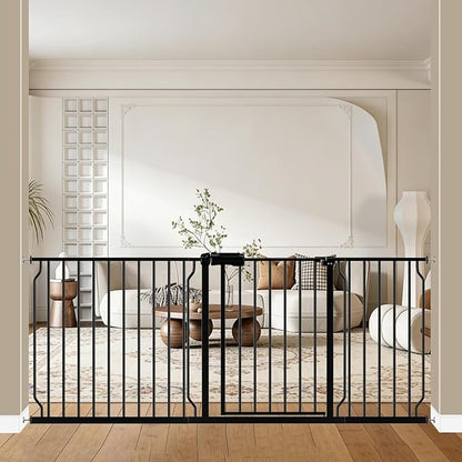 WAOWAO Baby Gate 71.65-76.38" Extra Wide Pressure Mounted Walk Through Swing Auto Close Safety Black Metal Toddler Kids Child Dog Pet Puppy for Stairs,Doorways,Kitchen