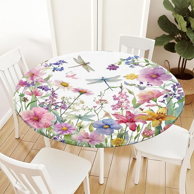 Spring Summer Floral Round Fitted Tablecloth with Elastic Wildflower Dragonfly Circle Table Cloth for 48-52" Tables Farmhouse Easter Flowers Stretch Waterproof Table Cover for Picnic Outdoor Dining