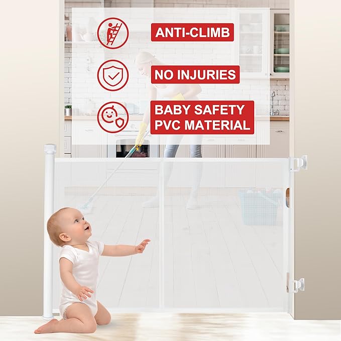 150 inches Retractable Baby Gate, 34 inches Tall Extra Wide Safety Gate for Large Hallways, Open Areas, Pet Zones, Durable Mesh Gate for Kids and Dogs, White