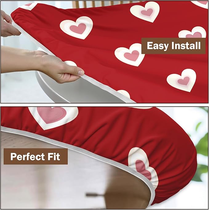 Valentines Day Round Fitted Tablecloth with Elastic Red Pink Heart Circle Table Cloth for 48-52" Round Tables Wipeable Waterproof Washable Burgundy Valentine Table Cover for Picnic Dining Party Decor