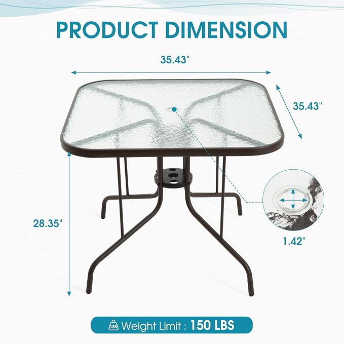 Patio Dining Table for 4 with Umbrella Hole | Outdoor 5 Piece Dining Set 36" x - Image 3