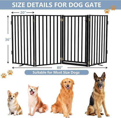 Full Metal Freestanding Dog Gates with Door, 32" Height Dog Fences for Indoor & Outdoor, Extra Wide Foldable Pet Gates for Stairs, Hallways, Doorways, Yard (4 Panels, 80" W × 36" H)